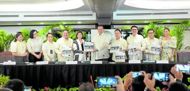 FUTURE-PROOFING Budget Secretary Amenah Pangandaman leads the ceremonial turnover of the 2024 National Expenditure Program (NEP) to Congress on Wednesday. Formally received by Speaker Ferdinand Martin Romualdez, the NEP is anchored on the theme, “Agenda for Prosperity: Securing a Future-Proof and Sustainable Economy.” Also at the Aug. 2 turnover are House Majority Leader Manuel Jose Dalipe, Senior Deputy Speaker Aurelio Gonzales Jr., committee on appropriations chairperson Elizaldy Co, and vice chairperson Stella Quimbo; Budget Undersecretaries Janet Abuel and Joselito Basilio, and Assistant Secretary Mary Anne dela Vega. —Photo from DEPARTMENT OF BUDGET AND MANAGEMENT