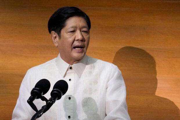 Philippine President Ferdinand Marcos Jr. delivers his second state of the nation address at the House of Representatives in Quezon City, Philippines on Monday, July 24, 2023. (AP Photo/Aaron Favila)