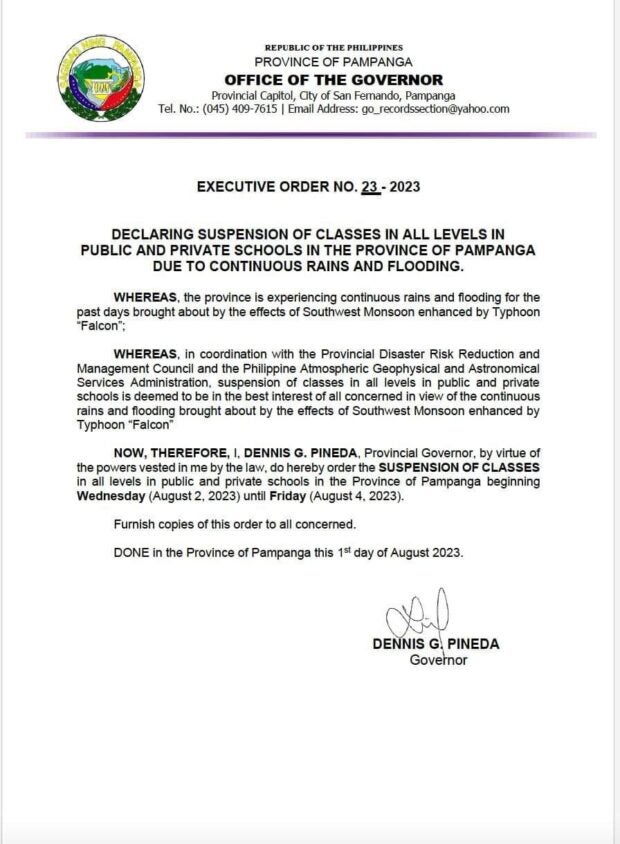 A list of class suspensions for August 3, 2023, due to the southwest monsoon or habagat